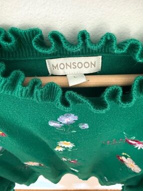 Monsoon Emerald Green Floral Ruffle Neck Jumper